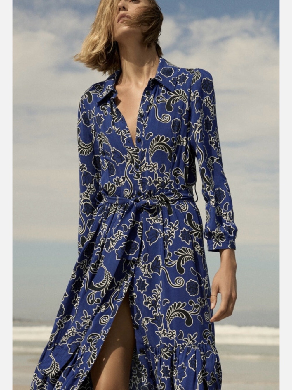 Zara Blue Floral-Print Maxi Shirt Dress with Tie Waist